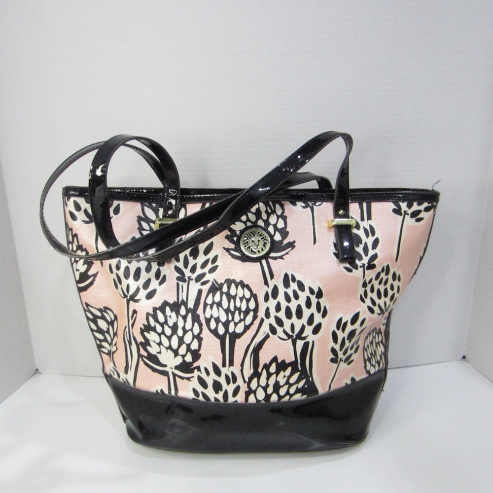 Anne Klein Floral Tote Pink & Black Patent Leather Double Handle Gold Accent
